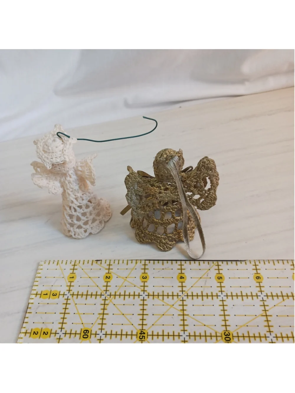 Vintage Handmade Crochet Angel Ornaments Lace Set Of Two Gold , White
